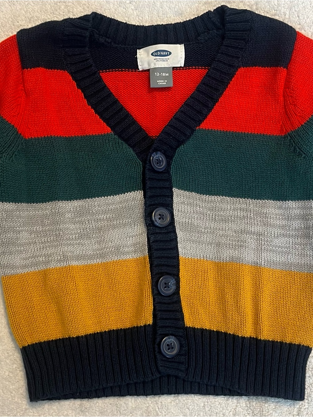 Boy’s Old Navy Navy, Red, Green & Gold Striped Cardigan